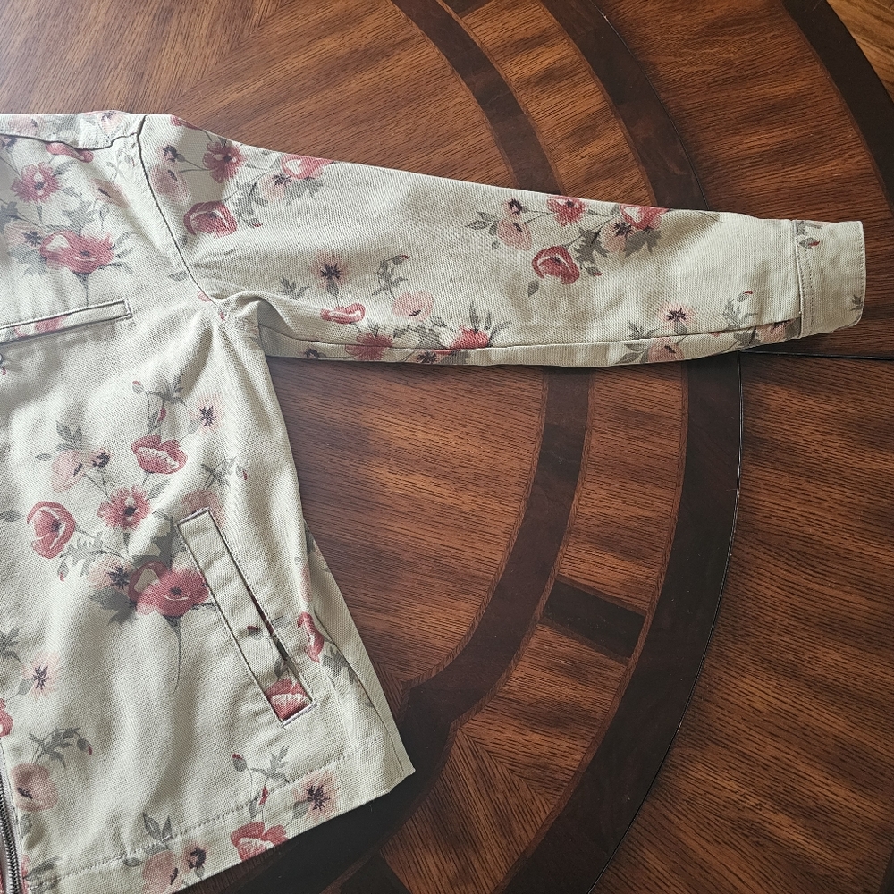 Sun + Stone Men's Tan Canvas Red Floral Print Jacket Corduroy Collar Size Small - Picture 3 of 11